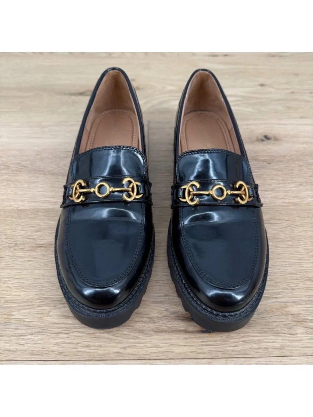 Circus Sam Edelman Ella Lug Sole Loafer Shoe Size 10 Black Patent Gold Platform